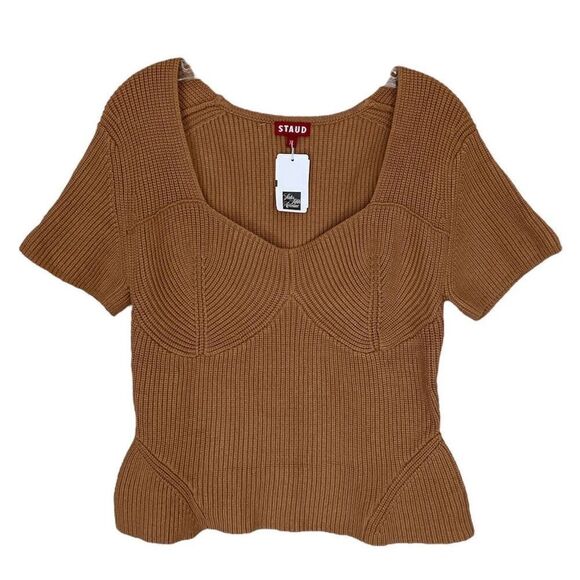 Staud Buxton Brown Ribbed Knit Short Sleeve Sweater NWT Size Extra Large - Picture 2 of 7